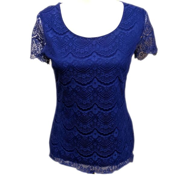 Banana Republic royal blue lace overlay short sleeve blouse, lined, XS - Picture 1 of 6